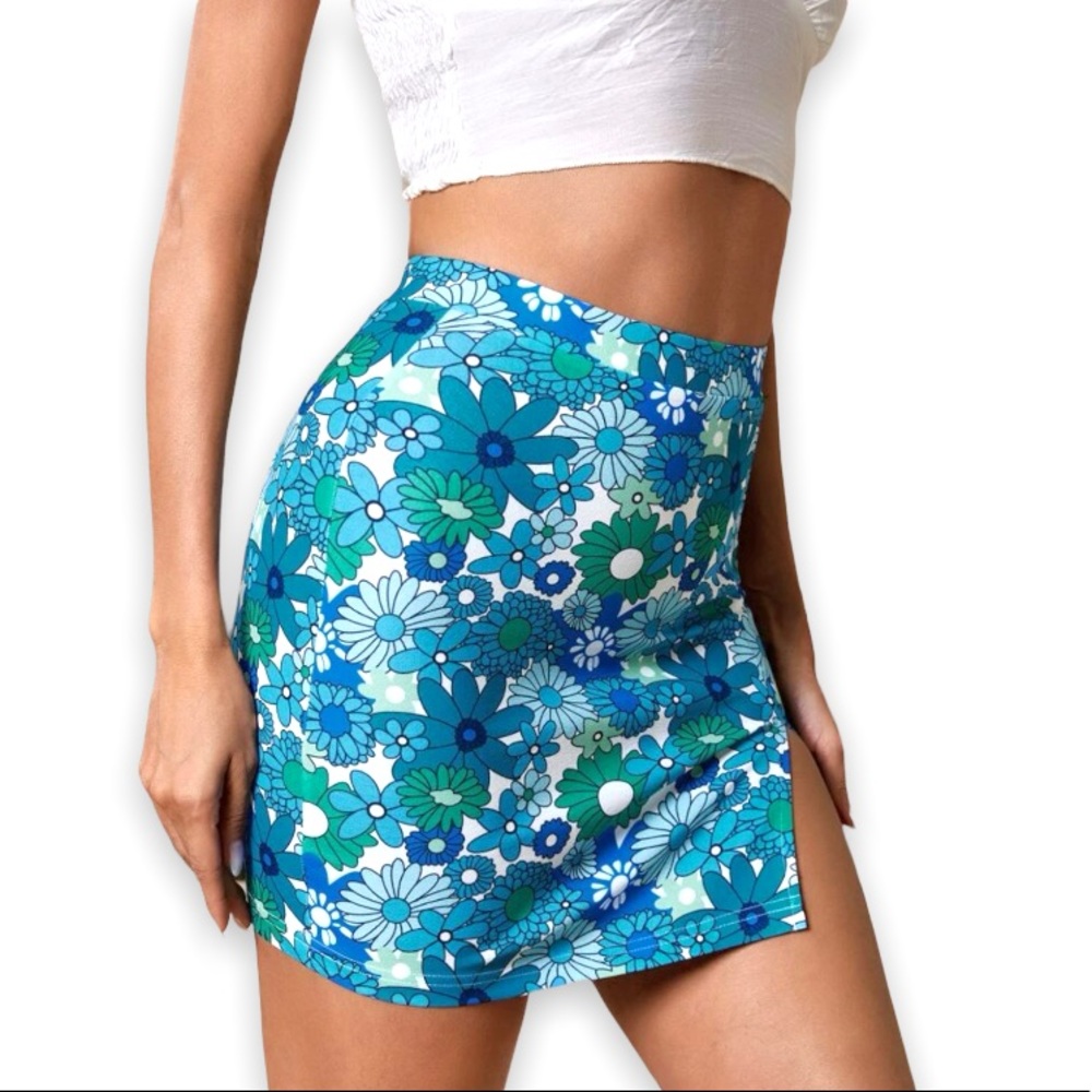 New Boho Floral Print Blue Green White Split Hem High Waist Bodycon Mini Skirt - Picture 2 of 13